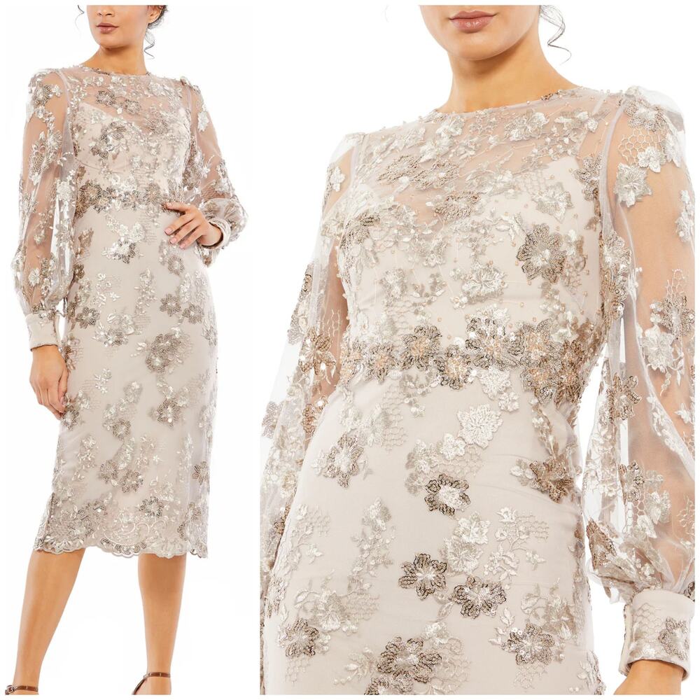 Mac Duggal NWT Beige Embellished High Neck Illusion Long Sleeve Midi Dress Sz 4